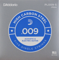 D'Addario PL009-5 Plain Steel Guitar Single String, .009 5-pack