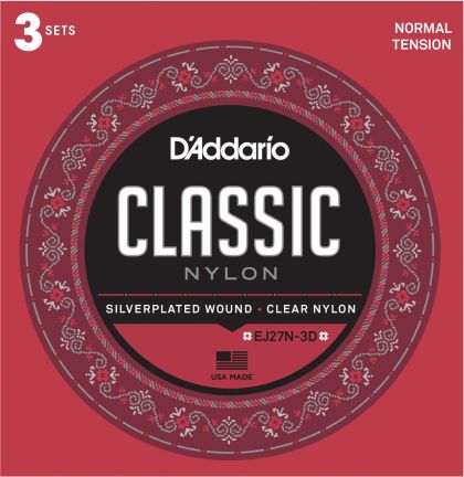 D'addario Strings for classic guitar clear nylon silver wound - EJ27N 3Pack