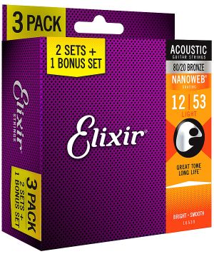 Elixir 3 pack 012-053 струни за акустична китара 80/20 Bronze Original Nanoweb ultra thin coating 