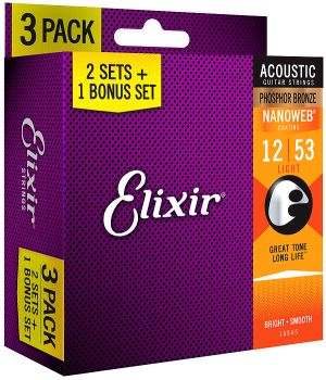 Elixir 3 pack струни за акустична китара Phosphor Bronze with NANOWEB Coating 012-053