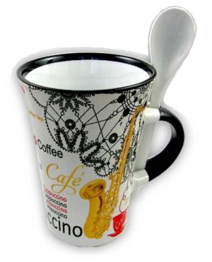 Cappuccino Mug With Spoon - Saxophone (White)