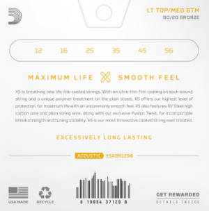 DADDARIO XSABR1256, 12-56 Light Top/Medium Bottom, XS 80/20 Bronze Coated Acoustic Guitar Strings
