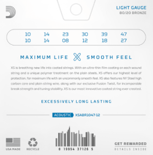 DADDARIO XSABR1047-12, 10-47 Light 12-String, XS 80/20 Bronze Coated Acoustic Guitar Strings