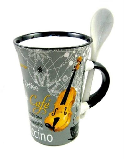 Чаша за капучино с лъжичка  - дизайн  цигулка 