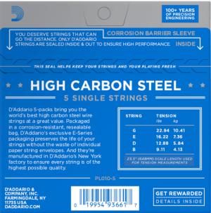 D'Addario PL010-5 единична метална струна за китара, .010 пакет с 5 струни