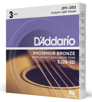 D'addario EJ26-3D  11-52 Custom Light, Phosphor Bronze Acoustic Guitar Strings 3-Pack